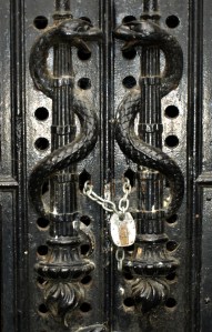 inverted torches with snakes wrapped around them