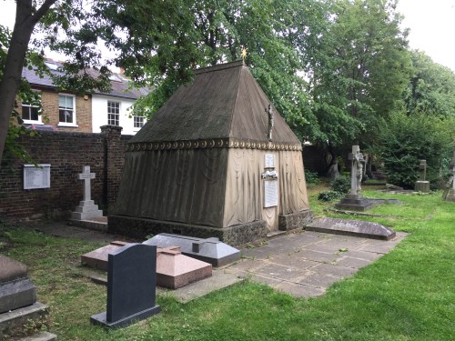 Side on photograph of The Burton Mausoleum, of St. Mary Magdalen Church, Mortlake, Richmond
